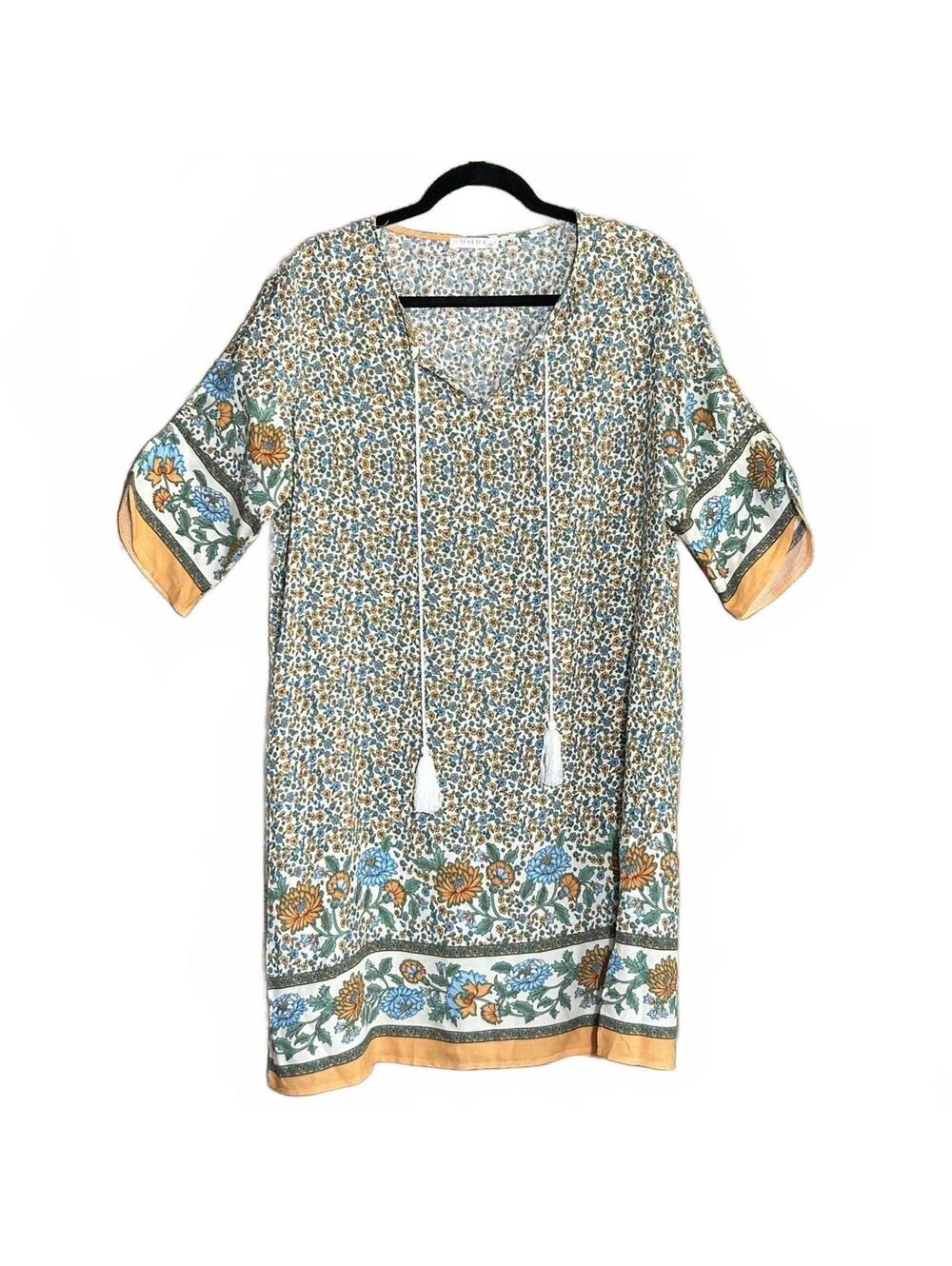 Halife Boho Floral Shift Dress Tunic Multicolor Tassel Size Medium Knee Length